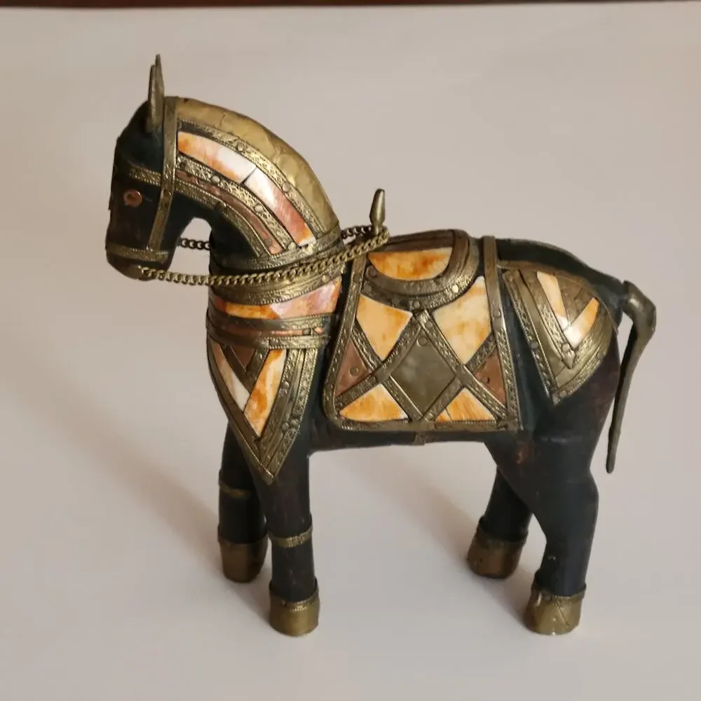 Vintage Carved Wood with Hammered Brass & Stone Inlay Armored War Horse Figure